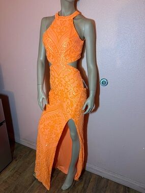 Windsor Neon Orange Sequin Cutout Halter Prom Formal Dress Slit M